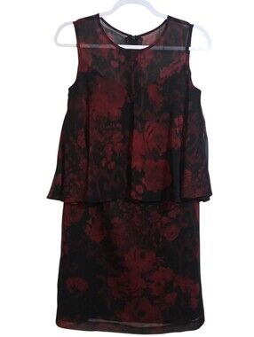 Dark Feminine Red and Black Floral Layered Sleeveless Dress Size S